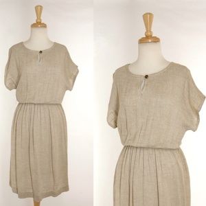 70s Vintage Creamy Beige Linen Shirt Dress Small
